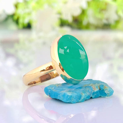 Green Oval Chrysoprase Ring - 925 Silver Gold Plated
