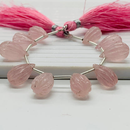 10 Pieces Natural Rose Quartz Carved Drops Briolette Beads Size 14x8mm to 13x8mm Natural Rose Quartz Faceted Gemstone Tear drops for Jewelry