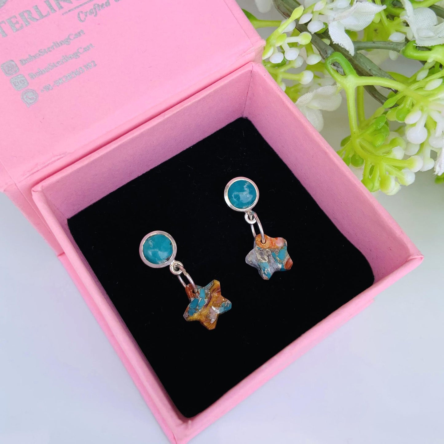 Turquoise & Oyster Copper Star Dangle Earrings – Sterling Silver Handmade Boho Jewelry
