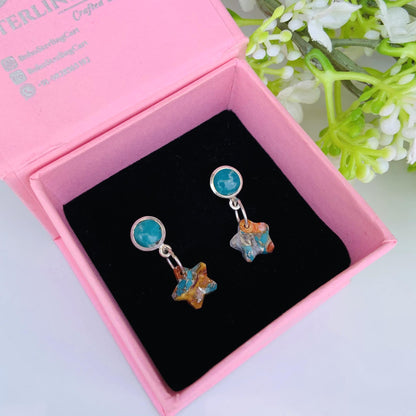 Turquoise & Oyster Copper Star Dangle Earrings – Sterling Silver Handmade Boho Jewelry