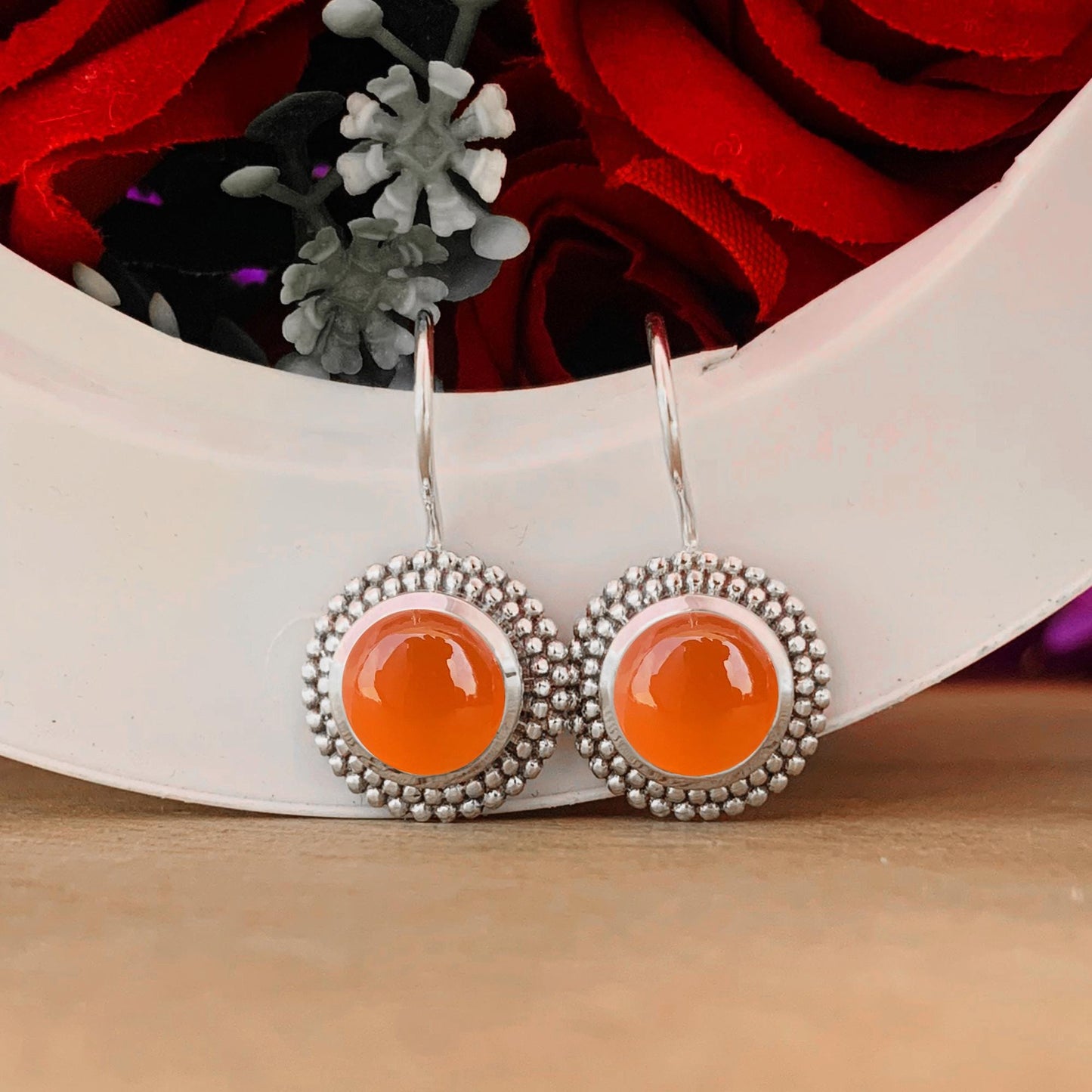 Natural Carnelian Earrings ~ Round Stone Earrings ~ Bohemian Fashion Jewelry ~ Sterling Silver Earrings ~ Wedding Gift For Her ~ E-0018