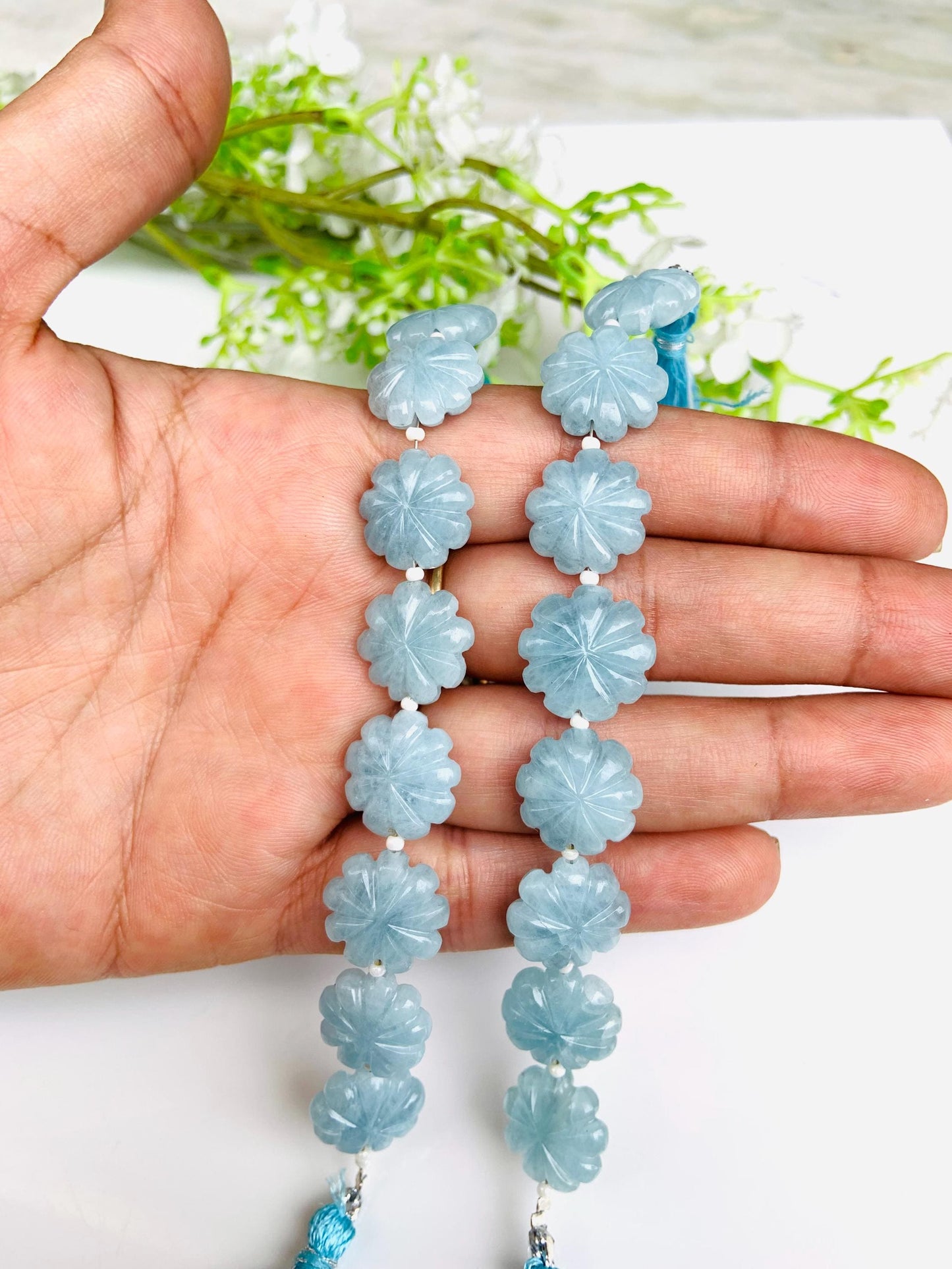 Natural Aquamarine Carved Flower Briolette Beads 14–15mm Fancy Gemstone