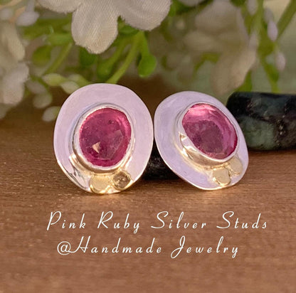Ruby Studs Earrings ~ Minimalist Silver Stud Earrings ~ Rustic artisan jewelry ~ Pink Ruby Birthstone Earrings ~ Gift For Her ~ E-0047