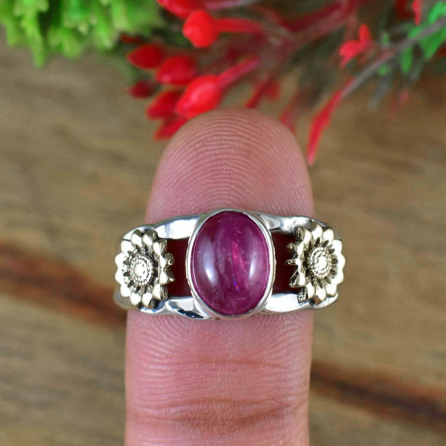 Natural Pink Tourmaline Sunflower Ring in 925 Silver