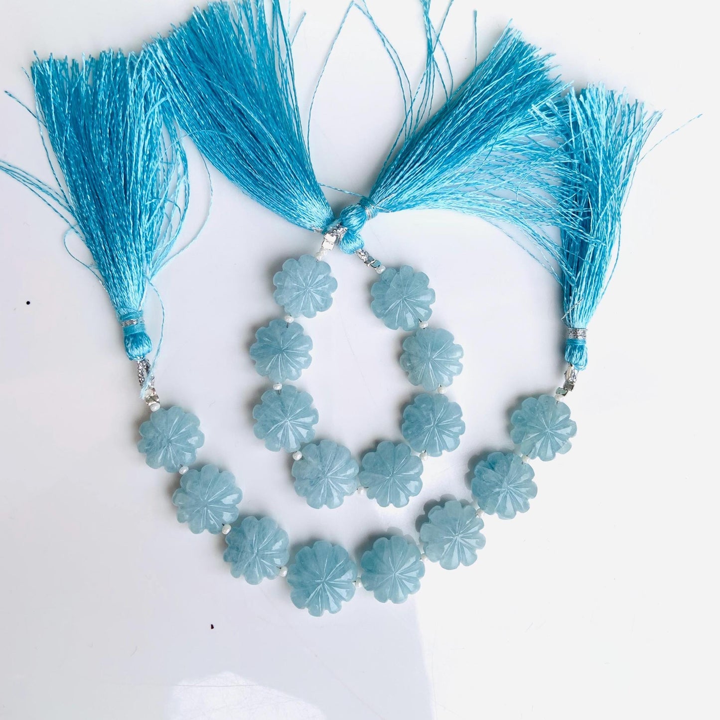 Natural Aquamarine Carved Flower Briolette Beads 14–15mm Fancy Gemstone