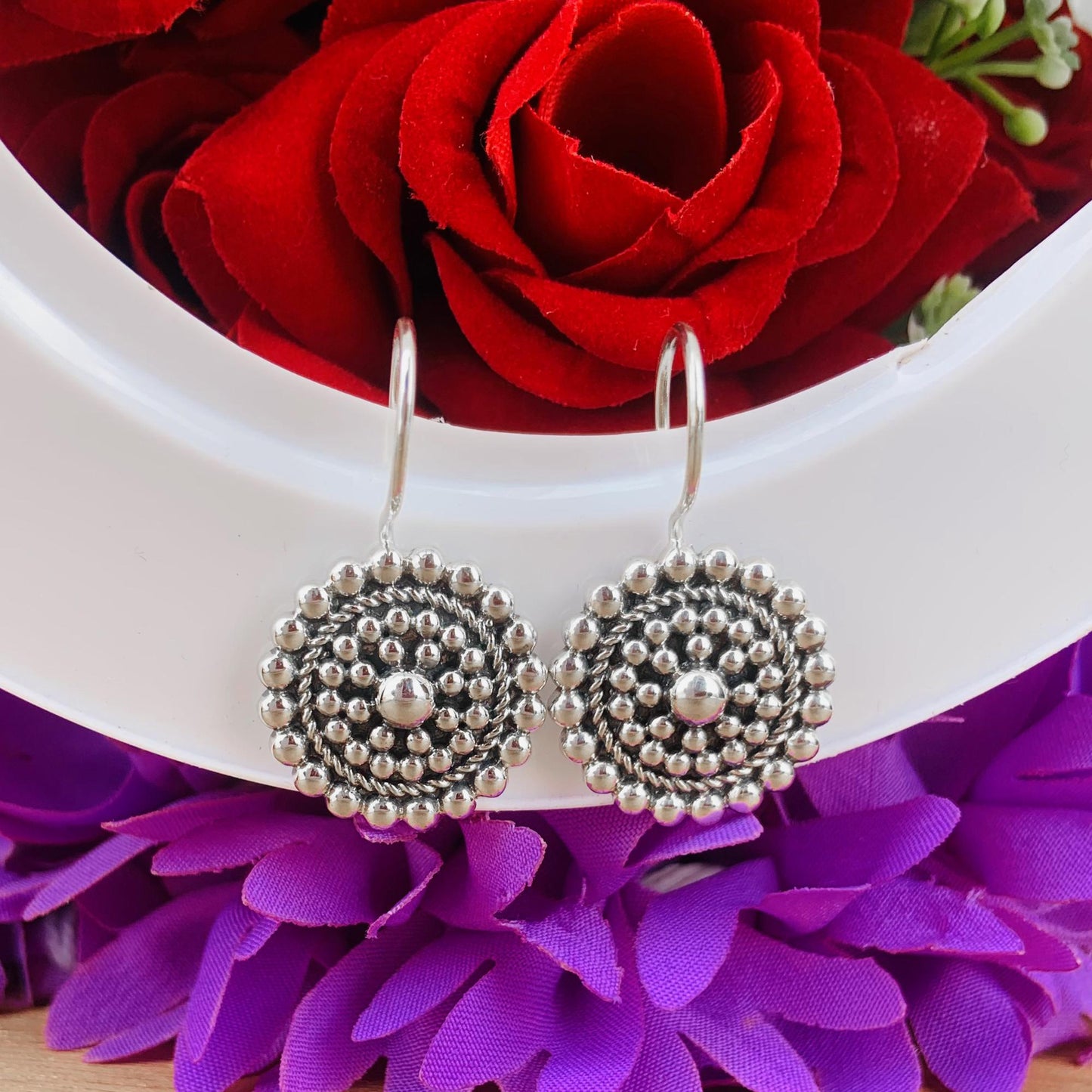 Chakra Ball Circle Silver Earrings ~ 925 Sterling Silver Earrings For Her ~ Party Wear Jewelry ~ Boho Earrings ~ Statement Earrings ~ E - 0011 - BeadsBoatInc