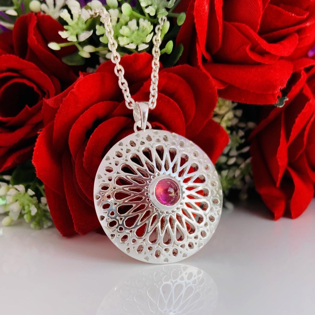 Chakra Round Tourmaline Filigree Silver Necklace - BeadsBoatInc