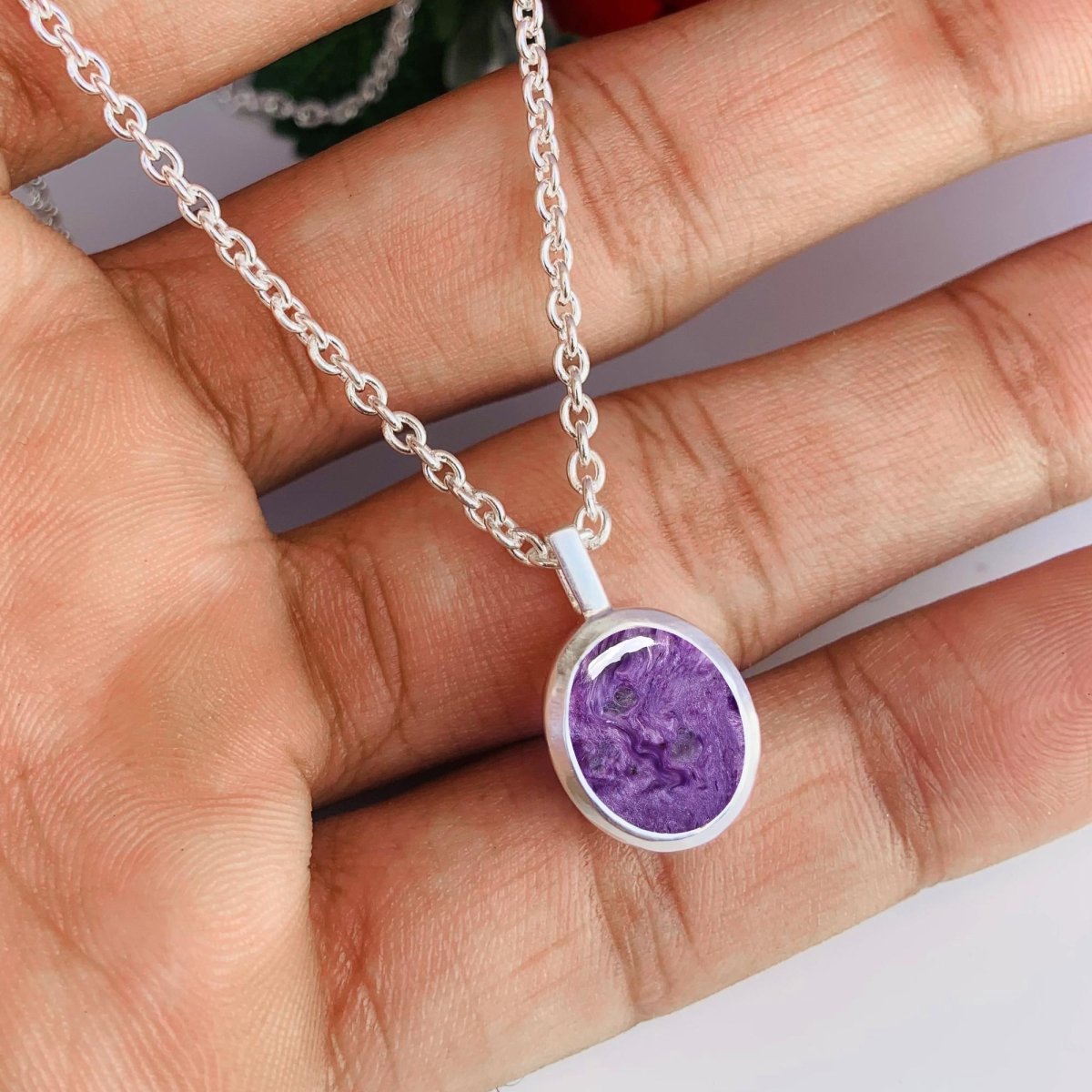 Charoite Pendant Necklace – Purple Gemstone Sterling Silver Round Pendant - BeadsBoatInc