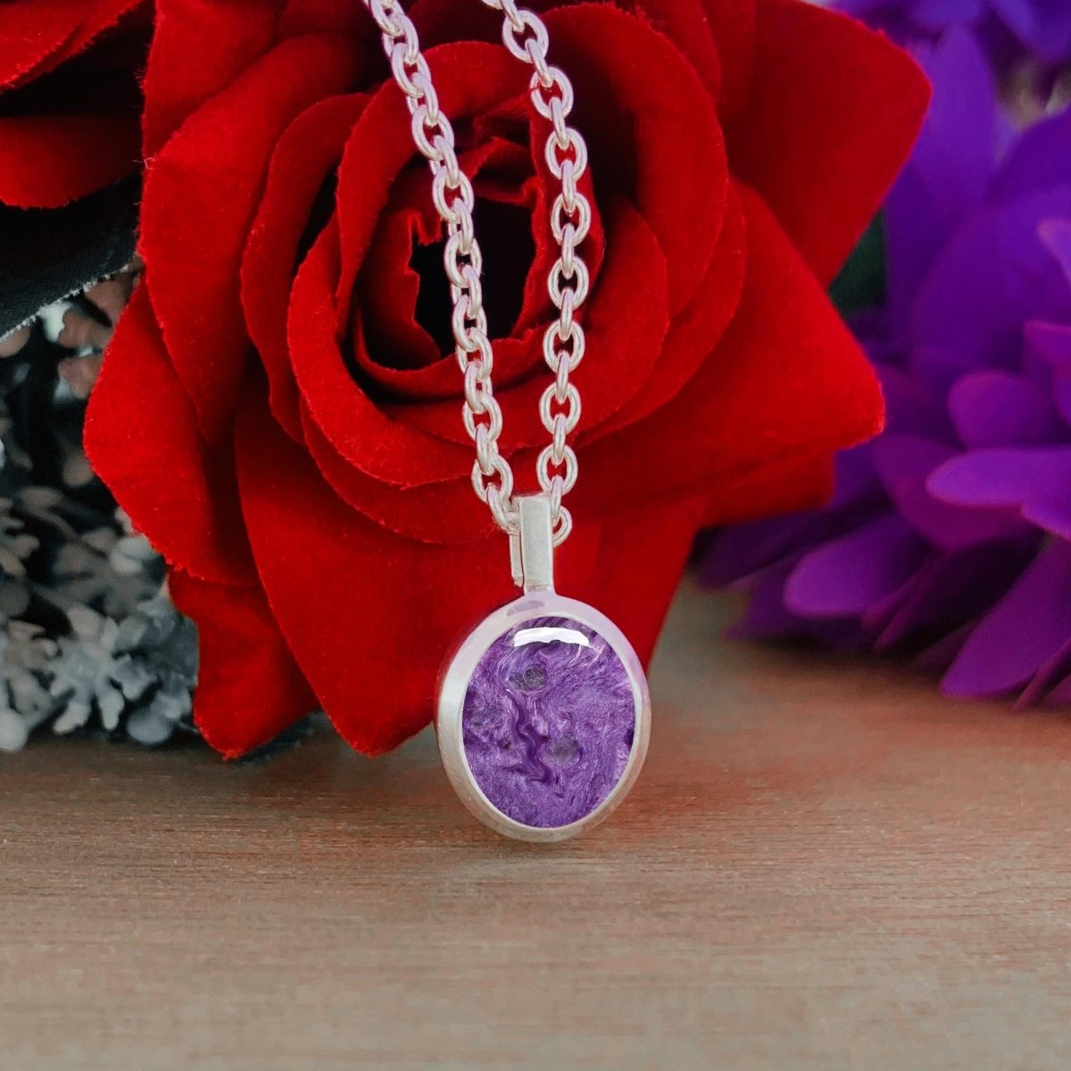 Charoite Pendant Necklace – Purple Gemstone Sterling Silver Round Pendant - BeadsBoatInc