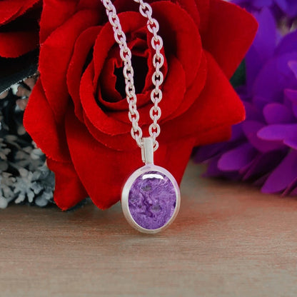 Charoite Pendant Necklace – Purple Gemstone Sterling Silver Round Pendant - BeadsBoatInc