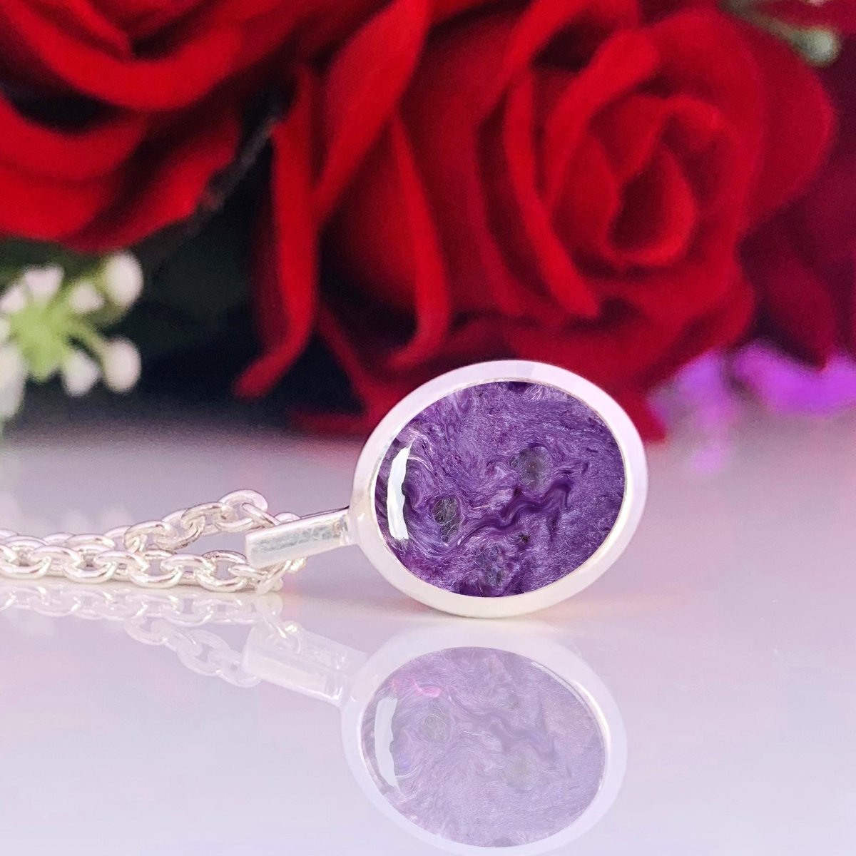 Charoite Pendant Necklace – Purple Gemstone Sterling Silver Round Pendant - BeadsBoatInc