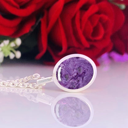 Charoite Pendant Necklace – Purple Gemstone Sterling Silver Round Pendant - BeadsBoatInc