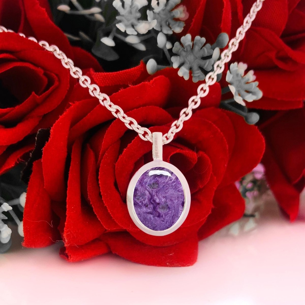 Charoite Pendant Necklace – Purple Gemstone Sterling Silver Round Pendant - BeadsBoatInc