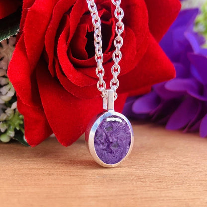 Charoite Pendant Necklace – Purple Gemstone Sterling Silver Round Pendant - BeadsBoatInc