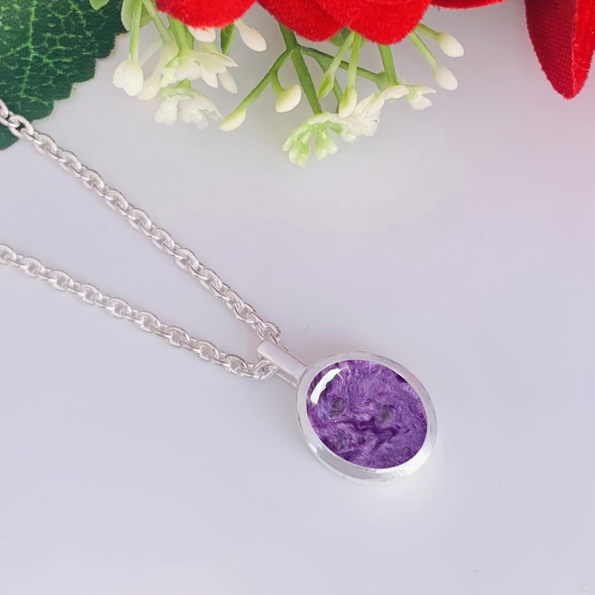 Charoite Pendant Necklace – Purple Gemstone Sterling Silver Round Pendant - BeadsBoatInc