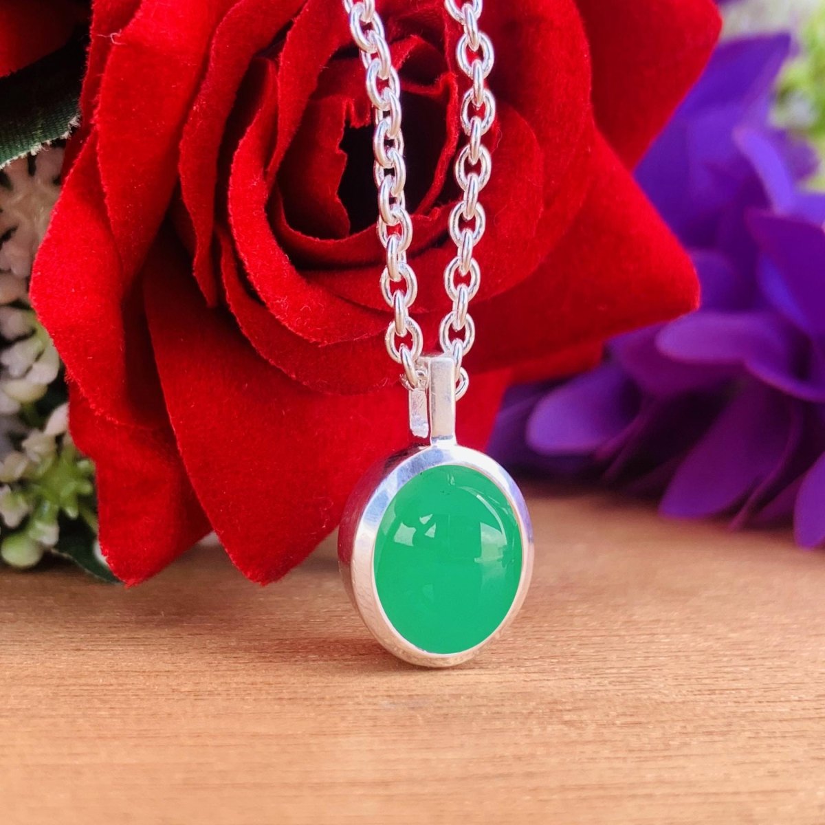 Chrysoprase Necklace – Dainty Silver Green Oval Pendant - BeadsBoatInc