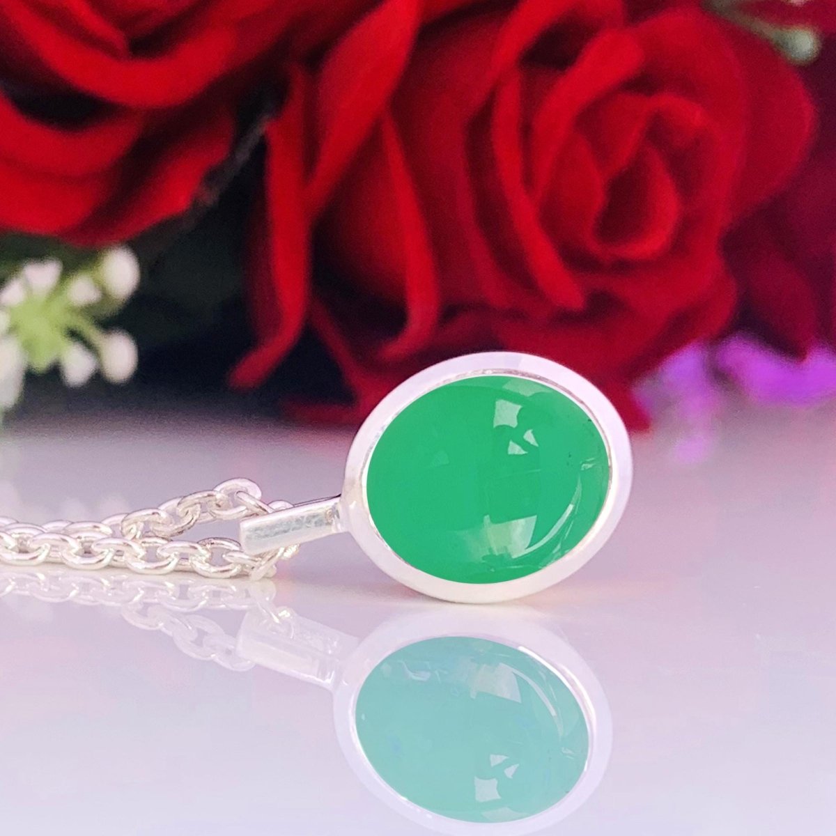 Chrysoprase Necklace – Dainty Silver Green Oval Pendant - BeadsBoatInc