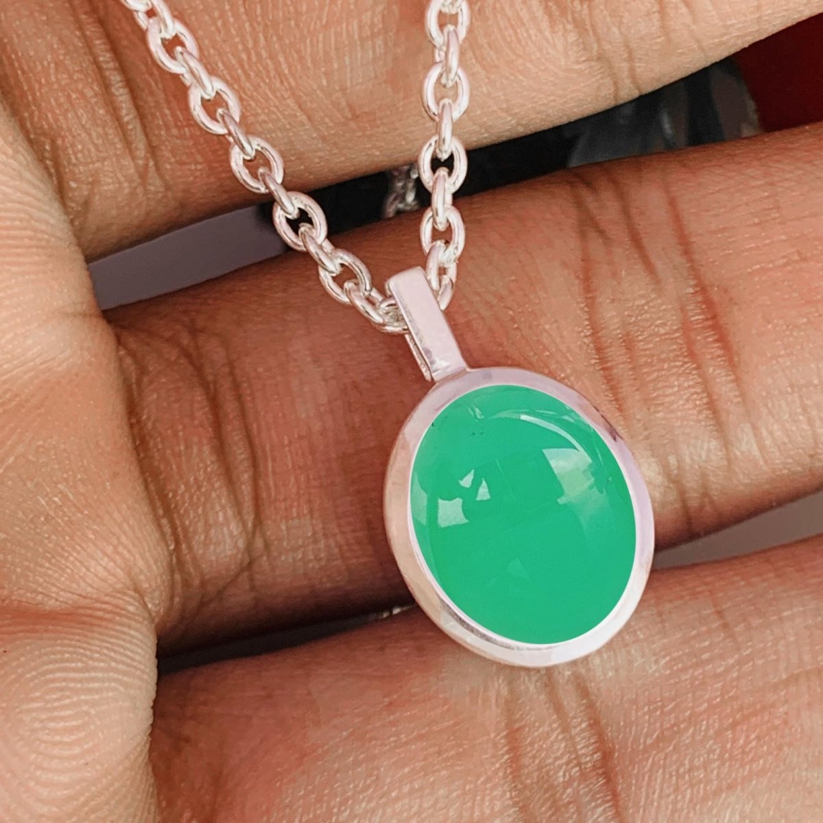 Chrysoprase Necklace – Dainty Silver Green Oval Pendant - BeadsBoatInc