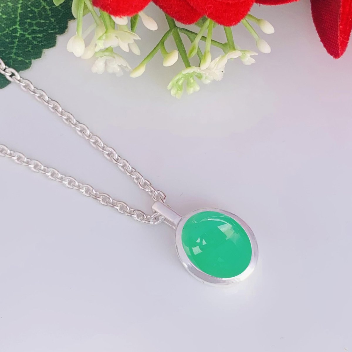 Chrysoprase Necklace – Dainty Silver Green Oval Pendant - BeadsBoatInc