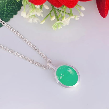 Chrysoprase Necklace – Dainty Silver Green Oval Pendant - BeadsBoatInc