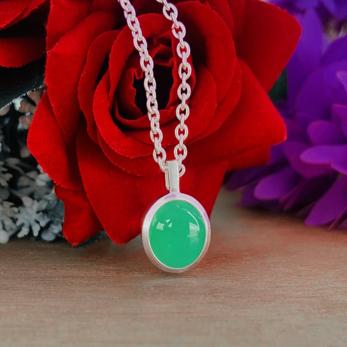Chrysoprase Necklace – Dainty Silver Green Oval Pendant - BeadsBoatInc