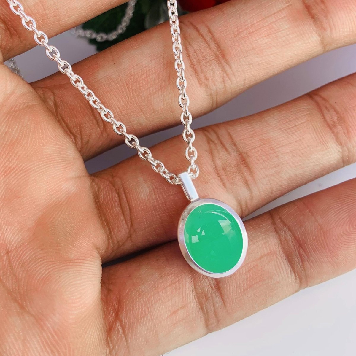 Chrysoprase Necklace – Dainty Silver Green Oval Pendant - BeadsBoatInc