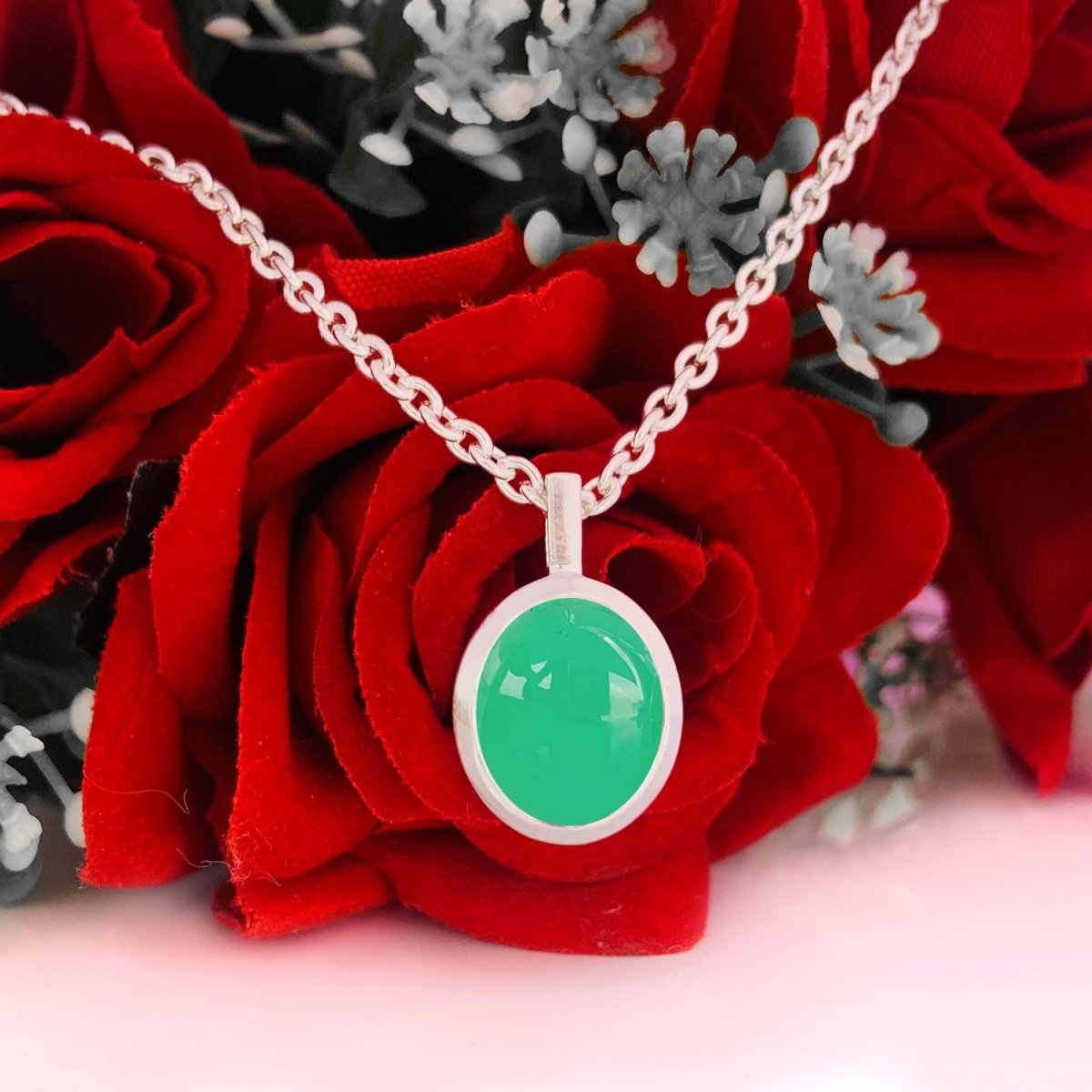 Chrysoprase Necklace – Dainty Silver Green Oval Pendant - BeadsBoatInc
