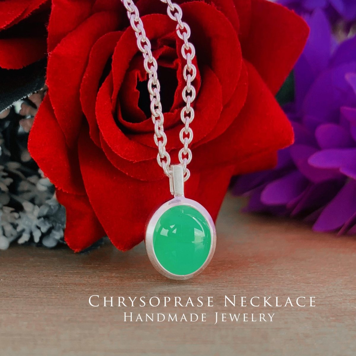 Chrysoprase Necklace – Dainty Silver Green Oval Pendant - BeadsBoatInc