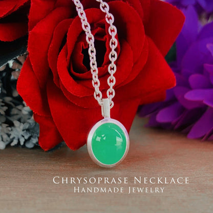 Chrysoprase Necklace – Dainty Silver Green Oval Pendant - BeadsBoatInc