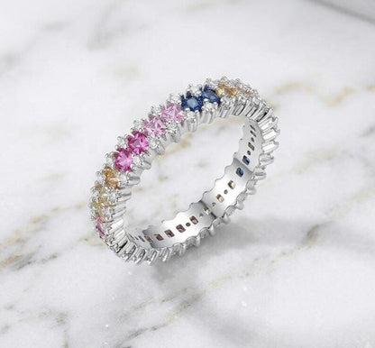 Colorful CZ Eternity Ring, 925 Sterling Silver Rainbow Band - BeadsBoatInc