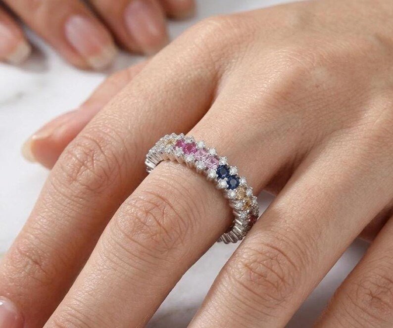 Colorful CZ Eternity Ring, 925 Sterling Silver Rainbow Band - BeadsBoatInc