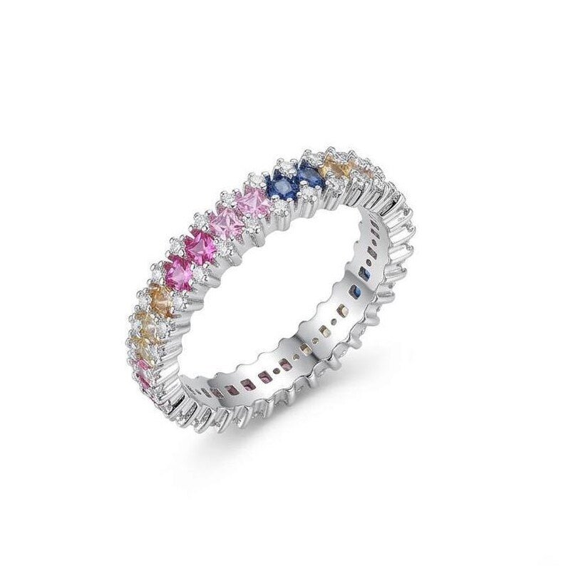 Colorful CZ Eternity Ring, 925 Sterling Silver Rainbow Band - BeadsBoatInc