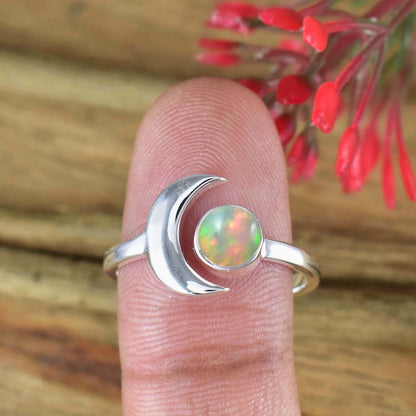 Crescent Moon Opal Ring, Adjustable Silver Moon Ring - BeadsBoatInc