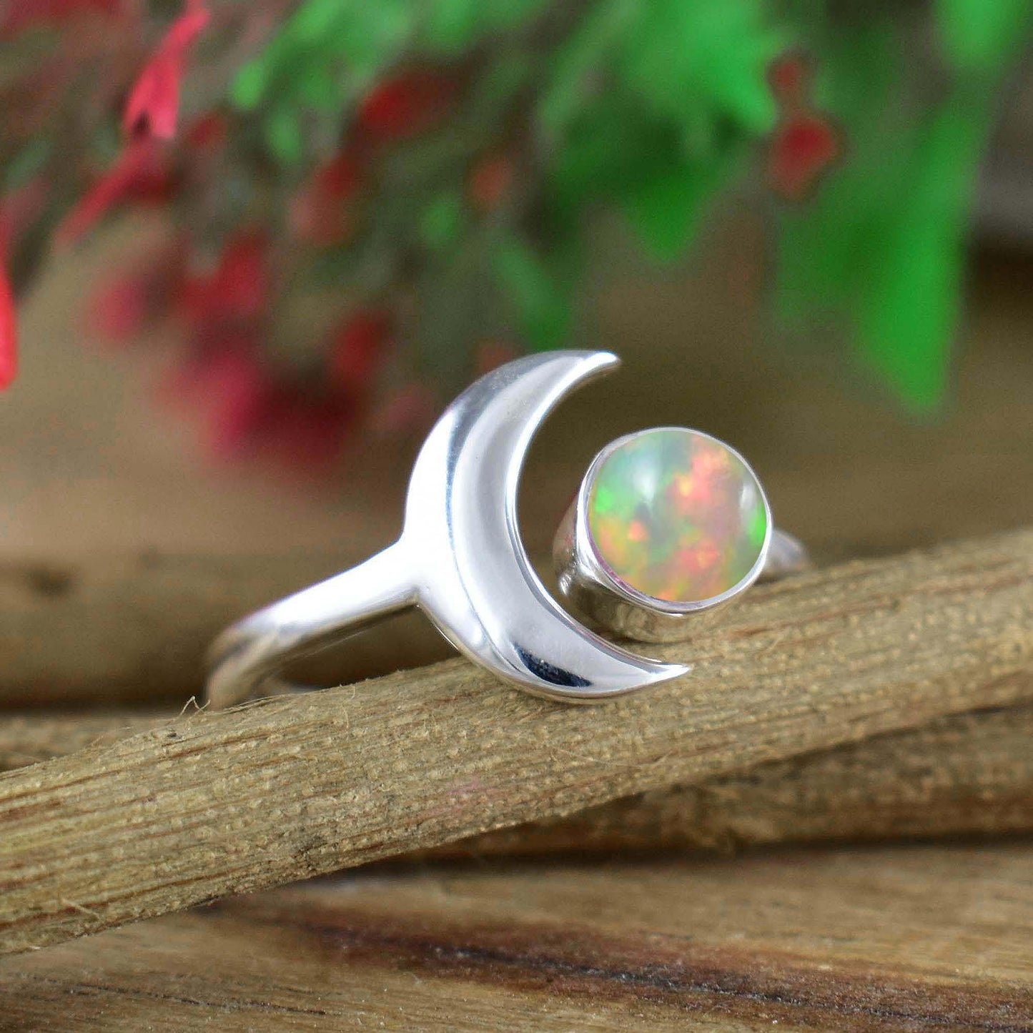 Crescent Moon Opal Ring, Adjustable Silver Moon Ring - BeadsBoatInc