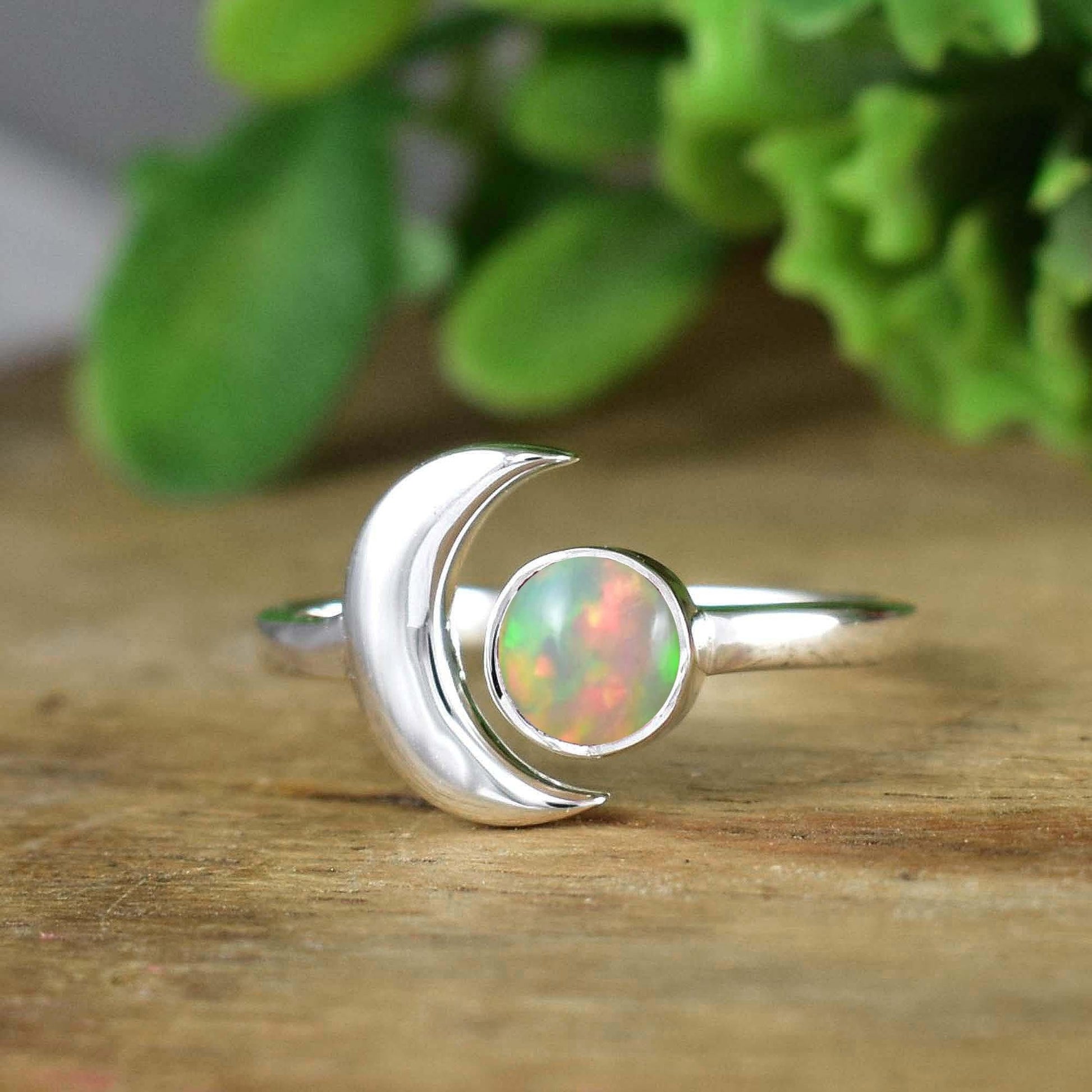 Crescent Moon Opal Ring, Adjustable Silver Moon Ring - BeadsBoatInc