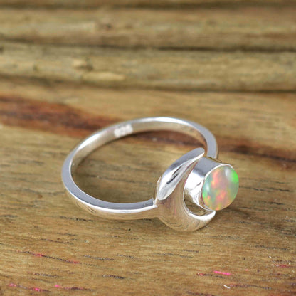 Crescent Moon Opal Ring, Adjustable Silver Moon Ring - BeadsBoatInc