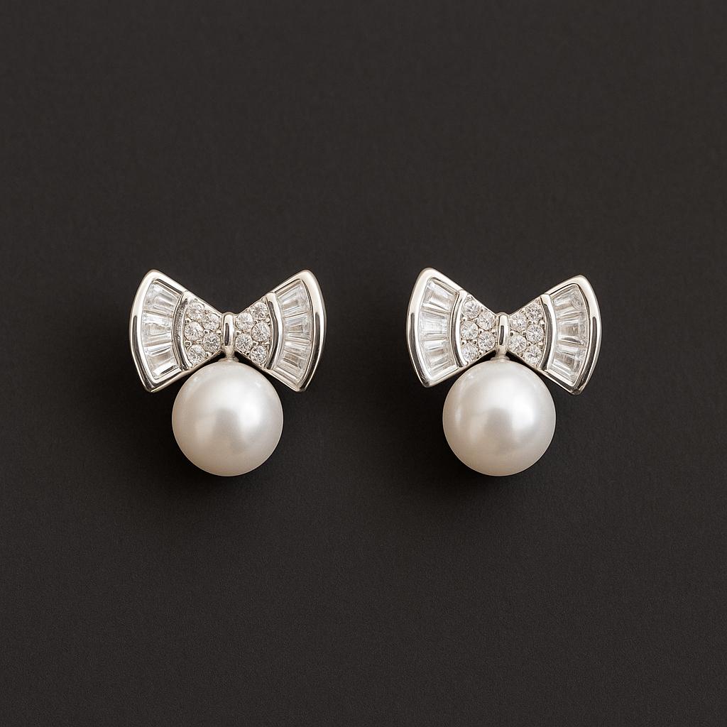 Cubic Zircon & Pearl Bow Stud Earrings - 925 Silver Statement Jewelry - BeadsBoatInc