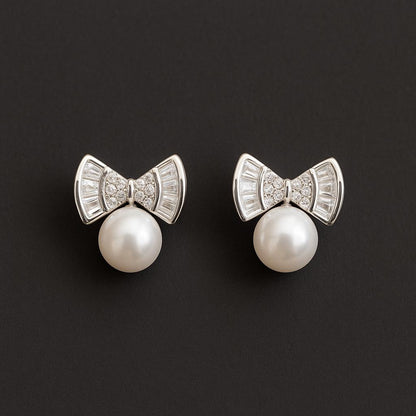 Cubic Zircon & Pearl Bow Stud Earrings - 925 Silver Statement Jewelry - BeadsBoatInc