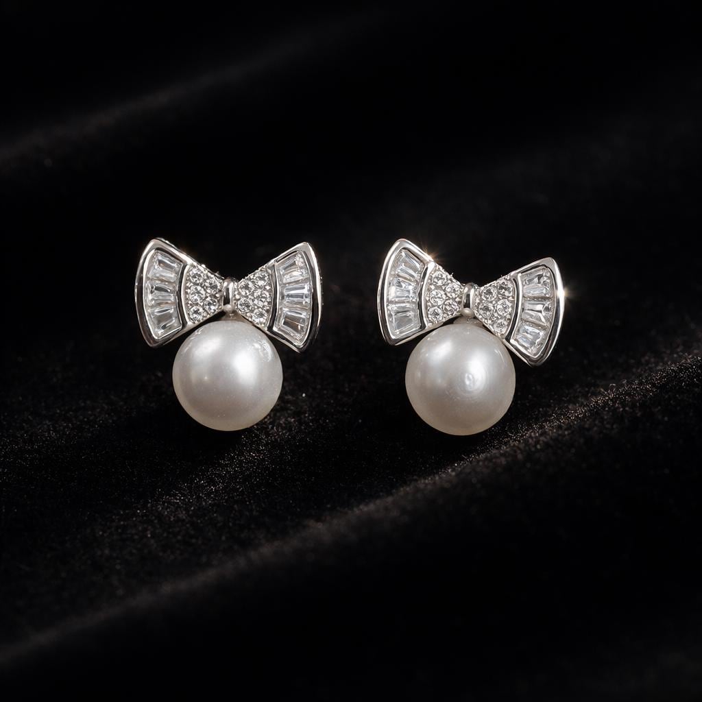 Cubic Zircon & Pearl Bow Stud Earrings - 925 Silver Statement Jewelry - BeadsBoatInc