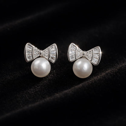 Cubic Zircon & Pearl Bow Stud Earrings - 925 Silver Statement Jewelry - BeadsBoatInc