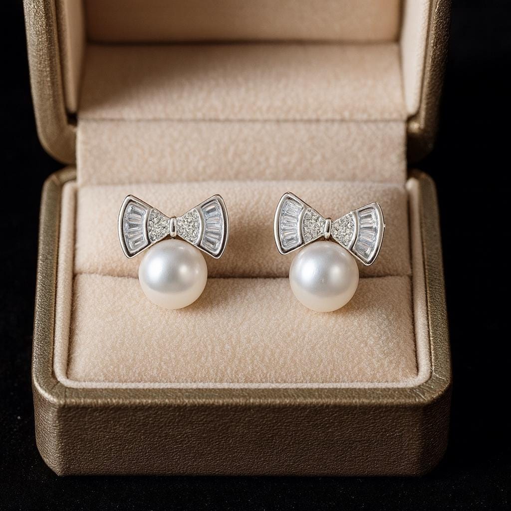 Cubic Zircon & Pearl Bow Stud Earrings - 925 Silver Statement Jewelry - BeadsBoatInc