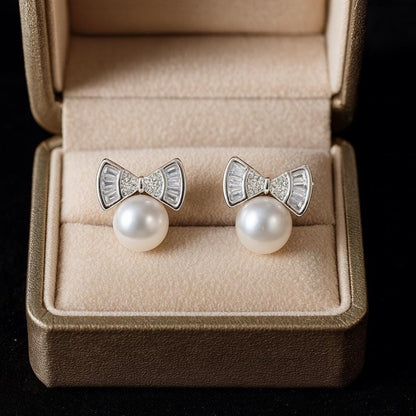Cubic Zircon & Pearl Bow Stud Earrings - 925 Silver Statement Jewelry - BeadsBoatInc