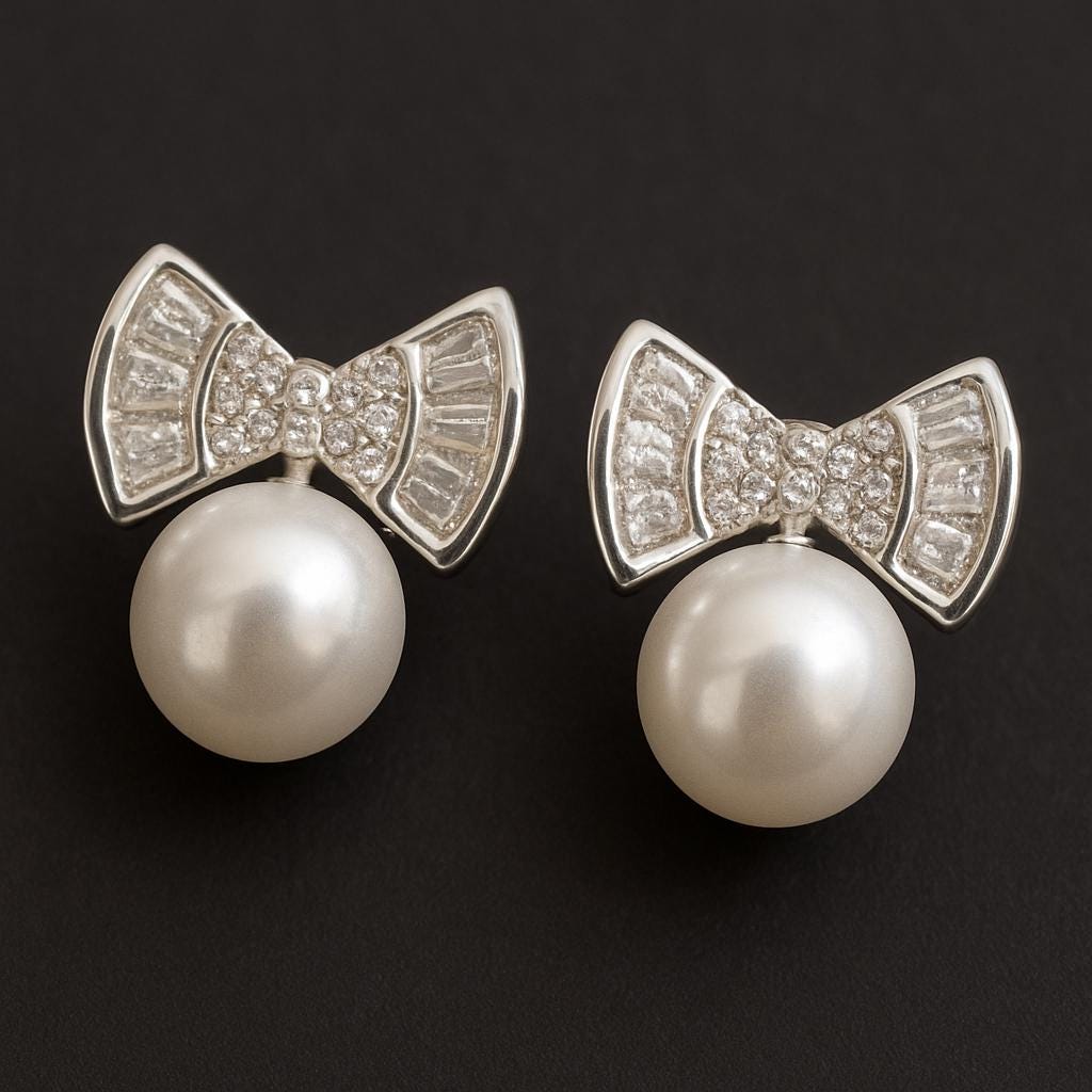 Cubic Zircon & Pearl Bow Stud Earrings - 925 Silver Statement Jewelry - BeadsBoatInc