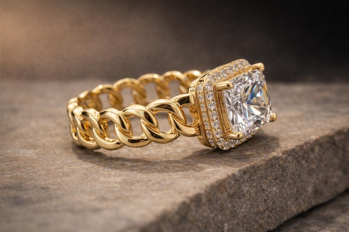 Cushion Cut Moissanite Halo Ring | Chain Band | Gold Plated - BeadsBoatInc