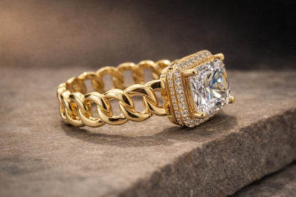 Cushion Cut Moissanite Halo Ring | Chain Band | Gold Plated - BeadsBoatInc