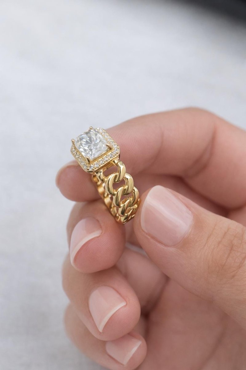 Cushion Cut Moissanite Halo Ring | Chain Band | Gold Plated - BeadsBoatInc