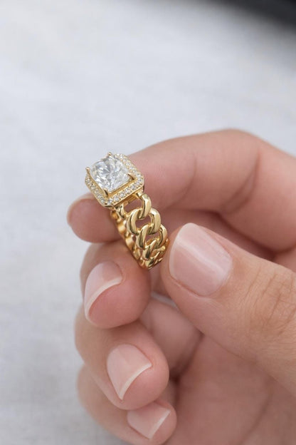 Cushion Cut Moissanite Halo Ring | Chain Band | Gold Plated - BeadsBoatInc