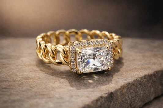 Cushion Cut Moissanite Halo Ring | Chain Band | Gold Plated - BeadsBoatInc