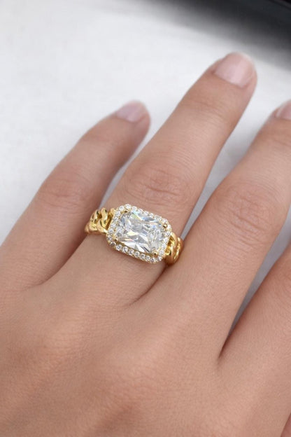 Cushion Cut Moissanite Halo Ring | Chain Band | Gold Plated - BeadsBoatInc