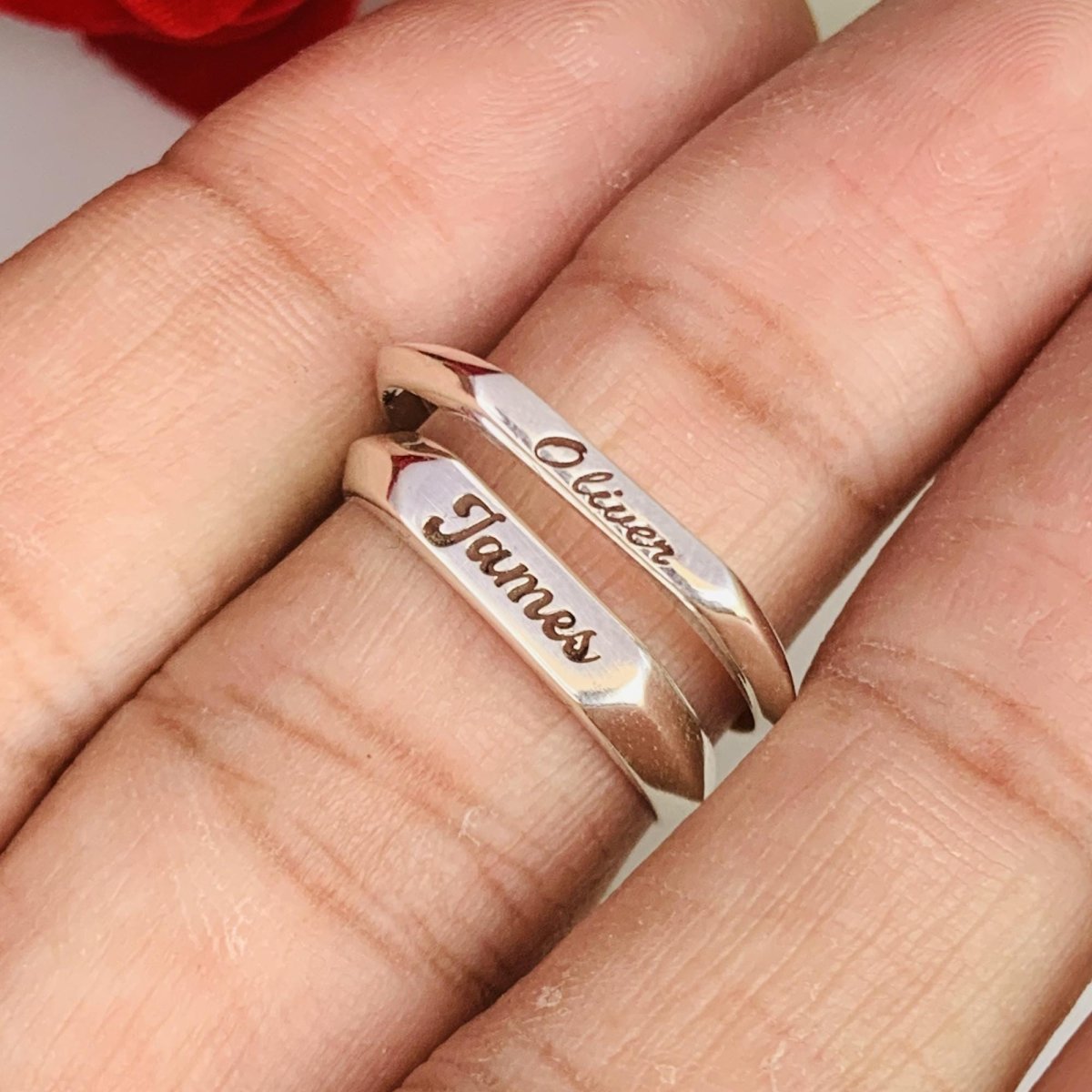 Custom Name Engraved Silver & Gold Stackable Promise Ring - BeadsBoatInc